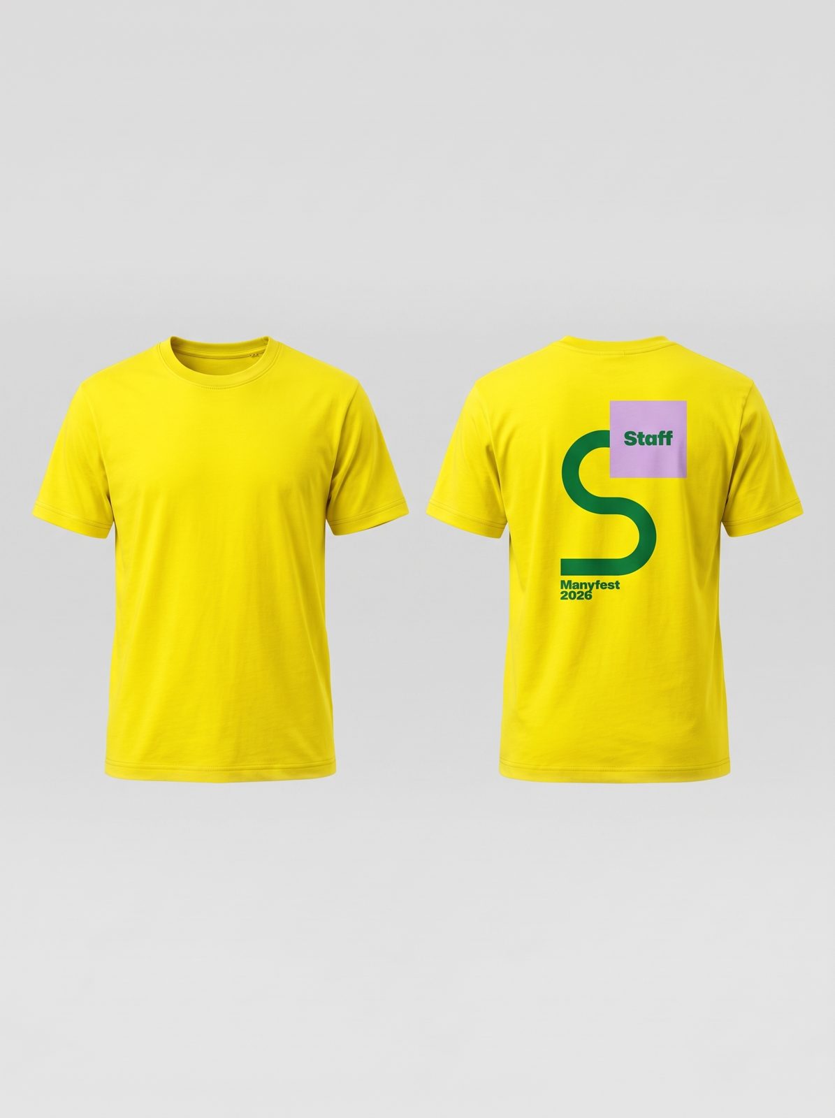 The yellow staff T-shirt from the front and from the back, with a green stem and a lilac Staff tag on the back
