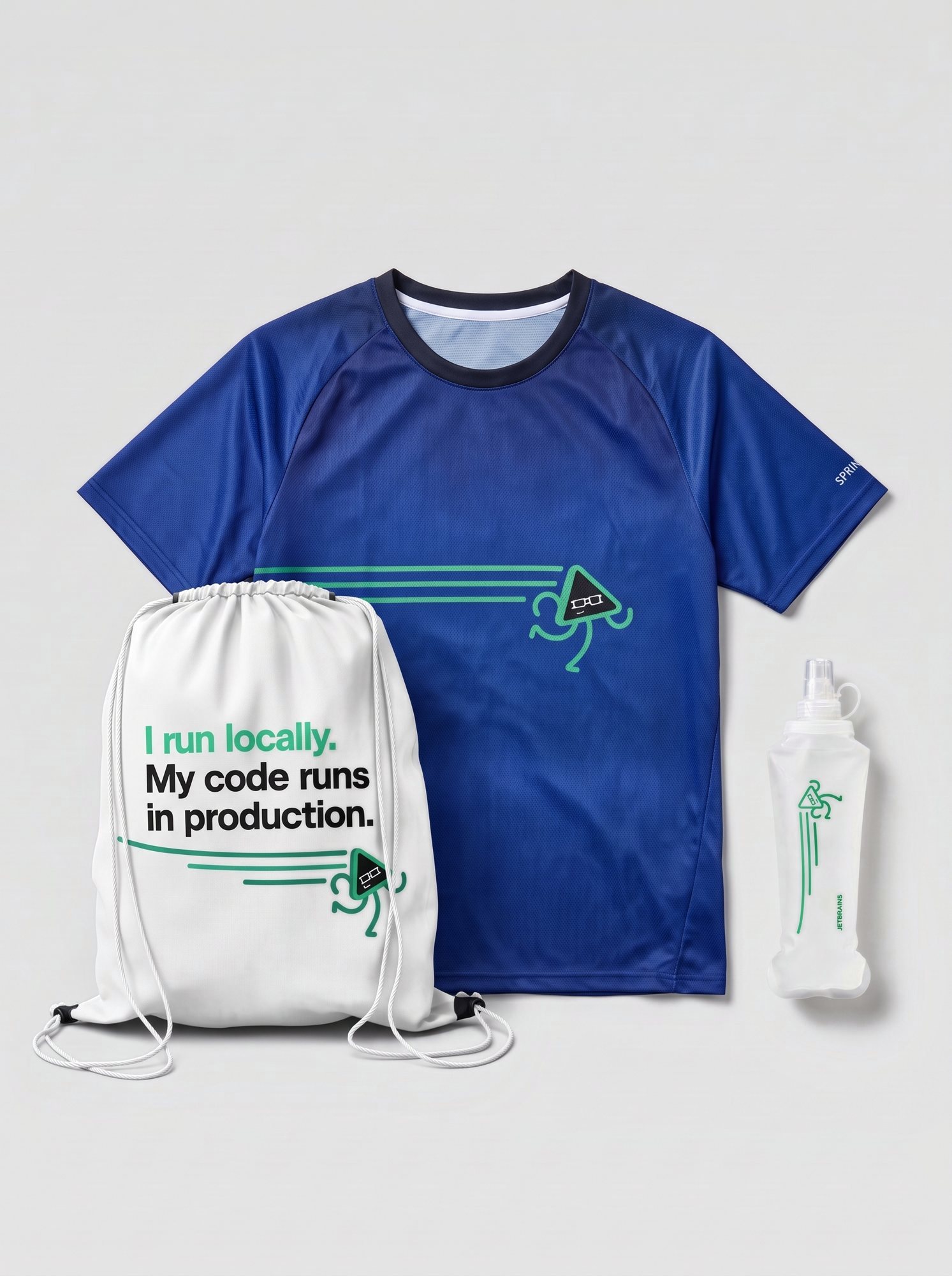 The Running Kit: the navy tee, the drawstring bag and the soft flask