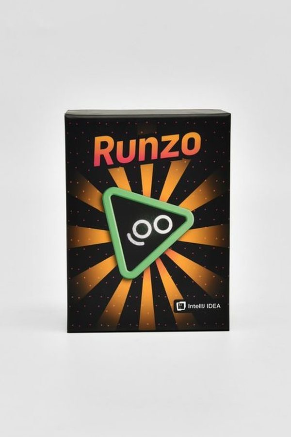 Black Runzo box with an orange sunburst and the run button face