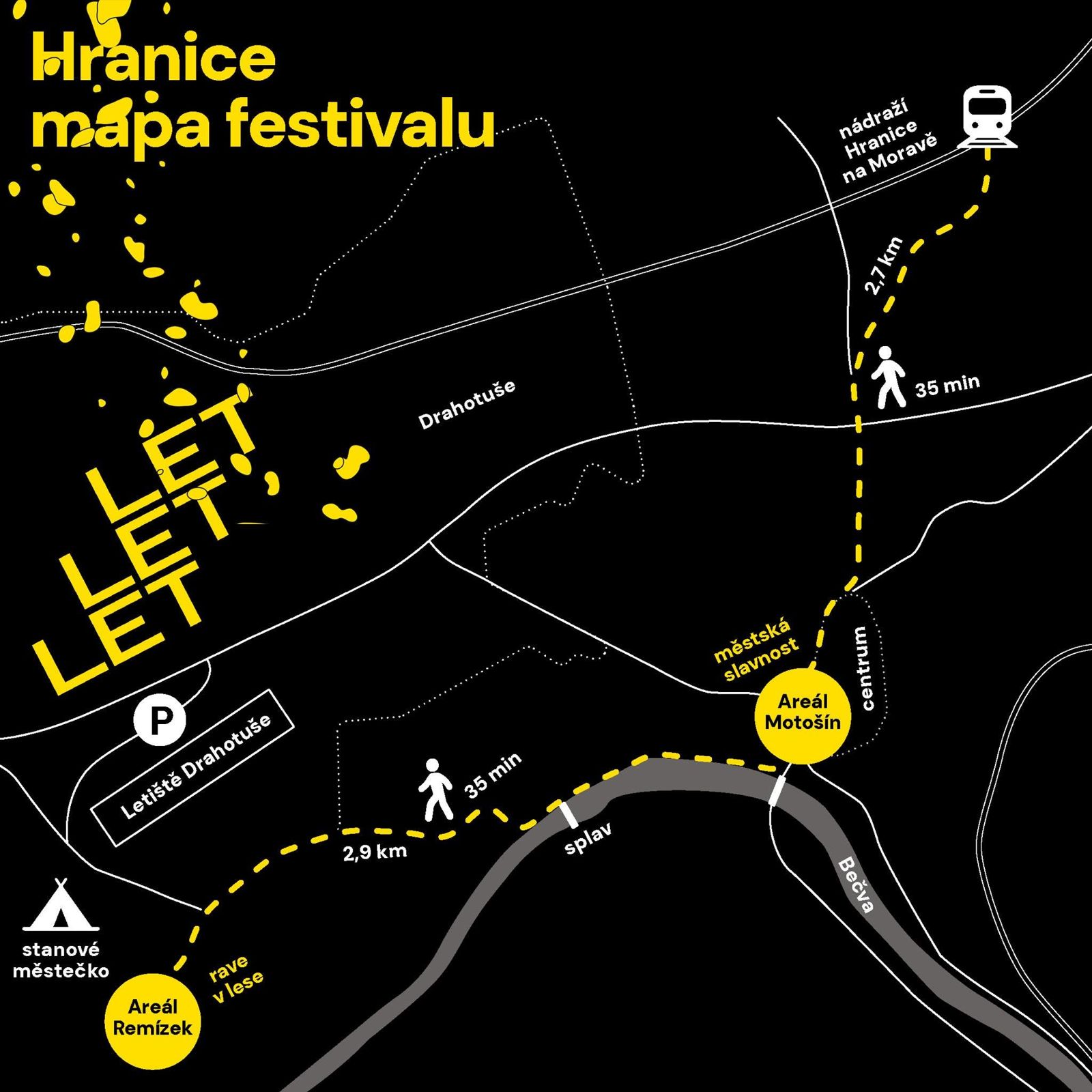 The festival map of Hranice: yellow dotted routes from the station and the town centre to the town celebration at Motošín, the weir, the tent camp and the rave in the forest