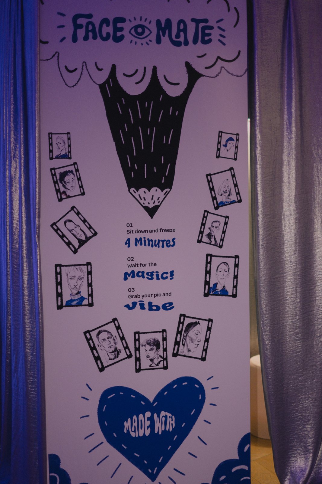 Face Mate booth sign with hand-drawn portraits