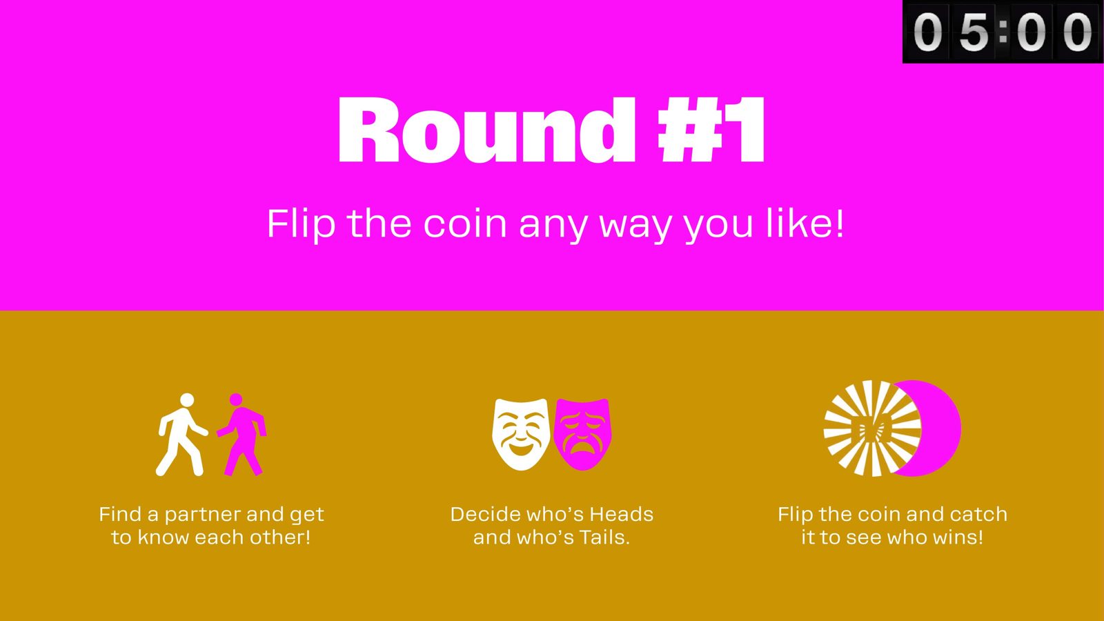 The Round 1 slide with a five-minute timer