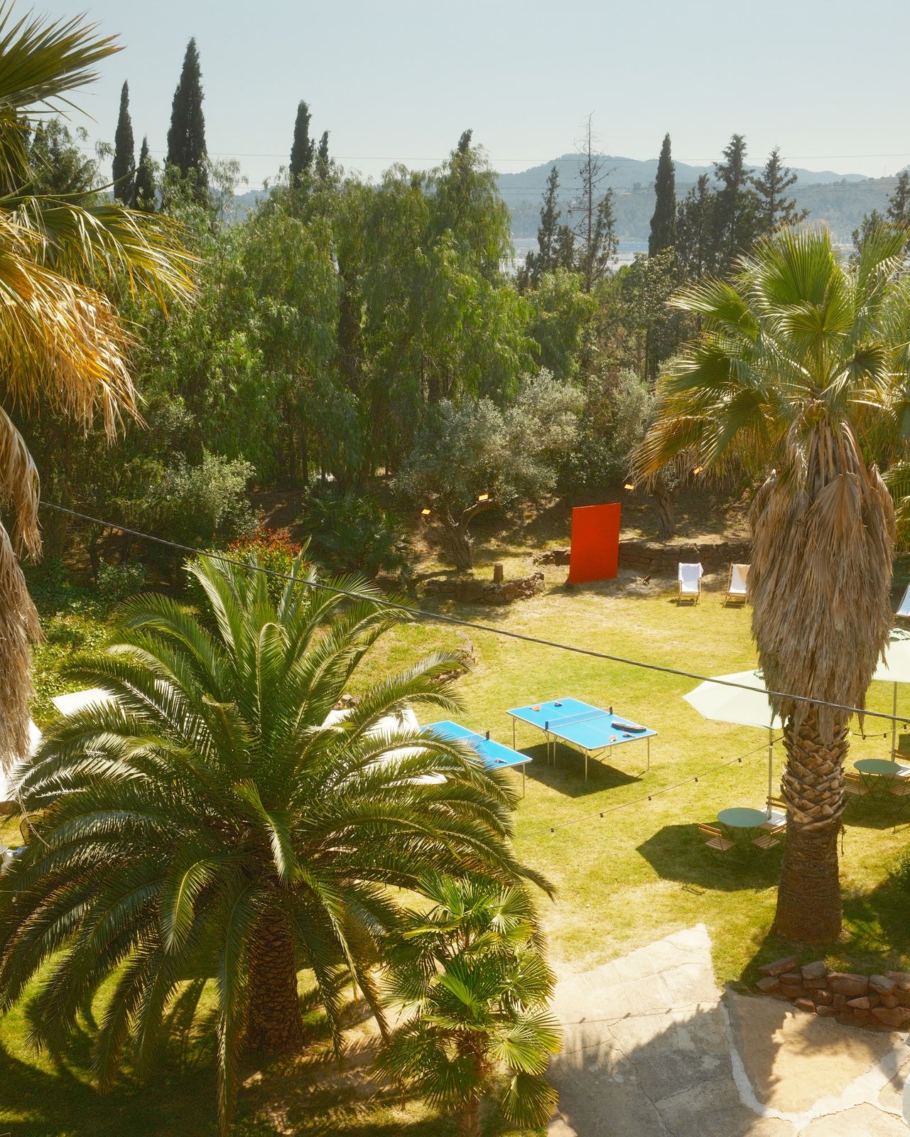 The garden from above, with palms, ping-pong tables and the hills behind