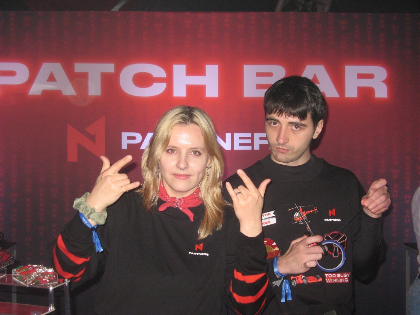 The Patch Bar crew in red bandanas
