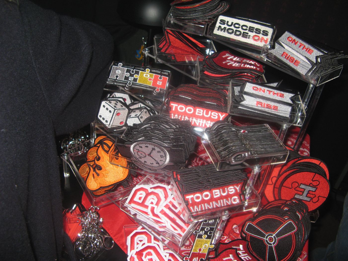 A heap of patches in acrylic stands late in the night
