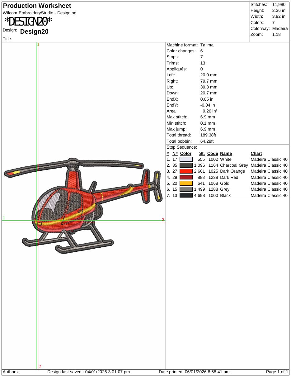 Production sheet for the helicopter patch