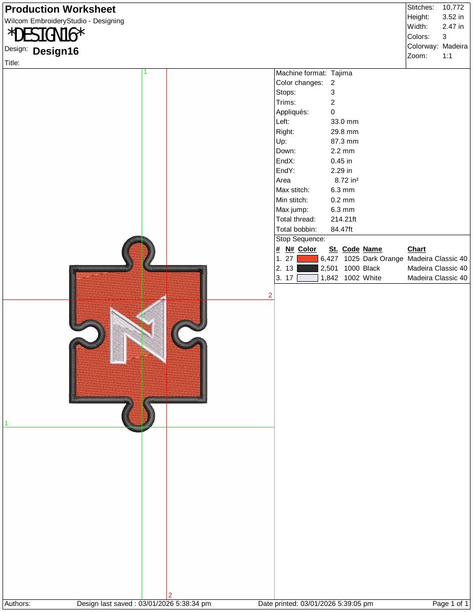 Production sheet for the N1 puzzle patch