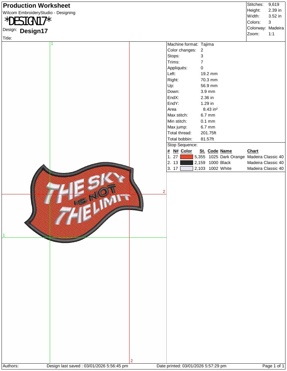 Production sheet for The sky is not the limit patch
